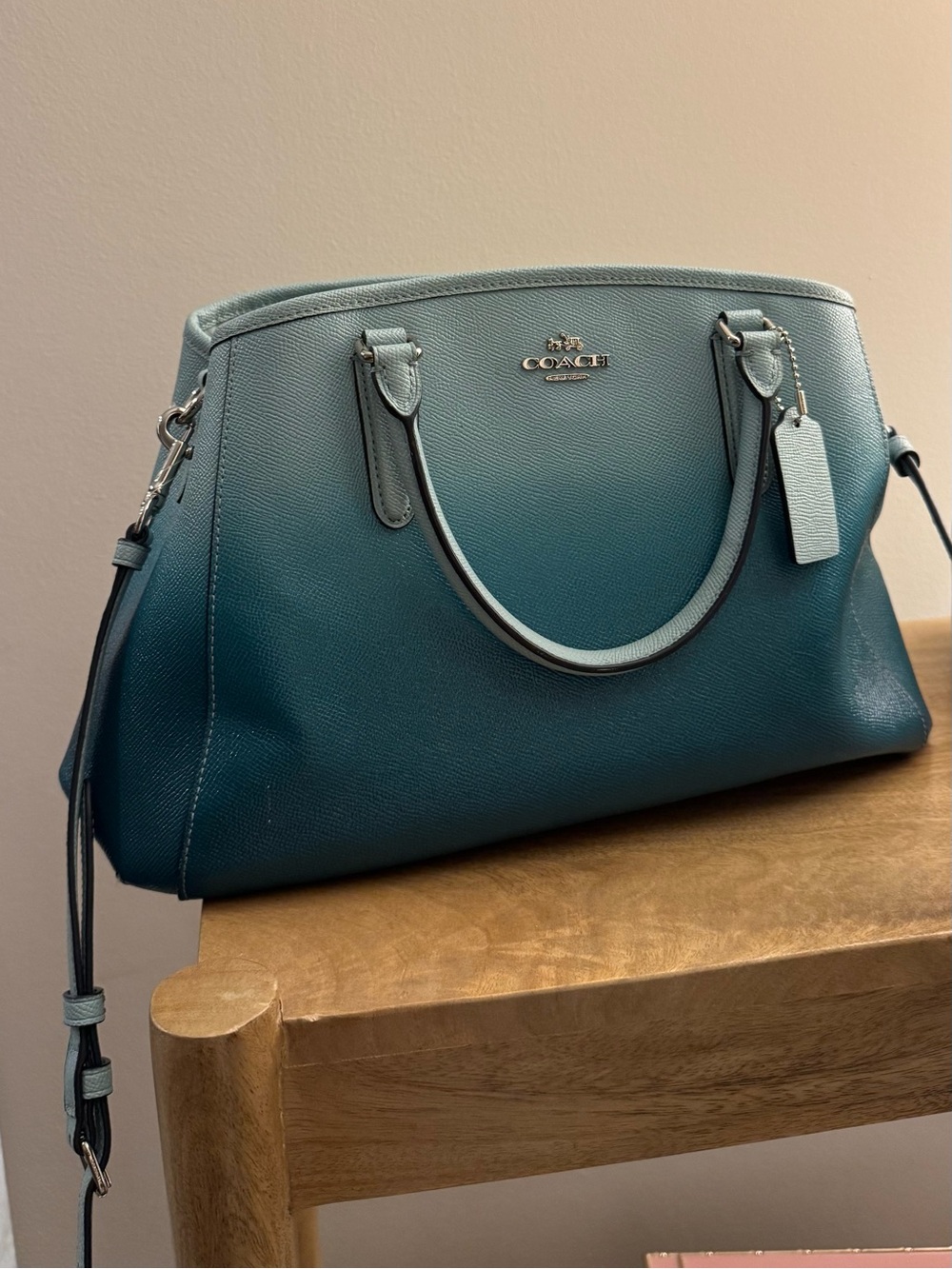 Coach Teal Gradient Leather Satchel with Silver Hardware